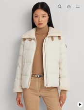 Nwt Lauren Ralph Lauren Faux-shearling-trim Down Women’s Cream Coat Jacket Sz S