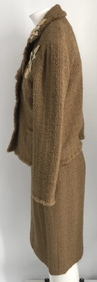 Moschino barato chic camel marrón mezcla de lana tweed cuentas flor falda traje talla 12 Foto 2 de 4