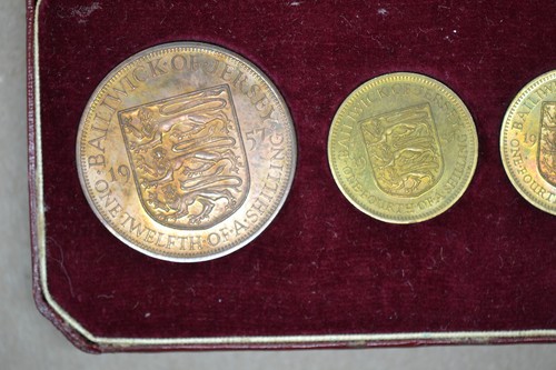 1957 JERSEY / UK - OFFICIAL PROOF DOUBLE SET (4) - SHILLING - ROYAL MINT - RARE! - Picture 5 of 7