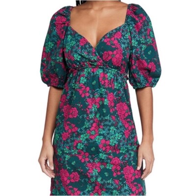Rahi Floral Multi Color Fuschia Teal Puff Sleeve Midi Dress Size Medium  Anthro