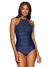 Coastal Blue Women's Swimwear Crochet Halter Neck Tankini Top Navy Blue Sz Large
