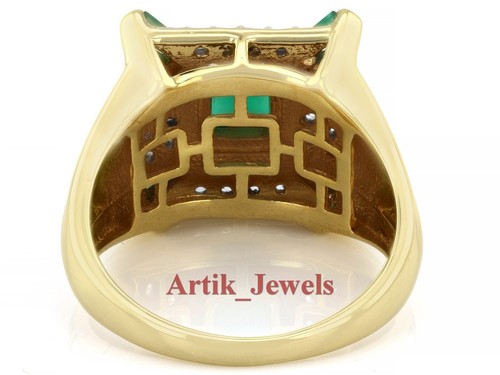 Natural Green Onyx & CZ Gemstone With 14k Gold Plated Silver Ring For Men's #766 - Picture 4 of 11