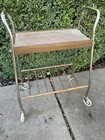 MCM Metal Rolling TV Utility Microwave Cart Stand Vintage Faux Wood Brass Tone