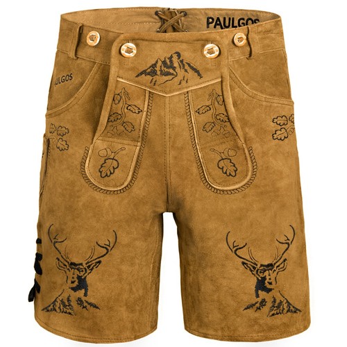 PAULGOS Hombre Pantalones Tradicionales Cuero + Tiras Cuero Auténtico Cortos 3 Colores 44-60 HK4 - Imagen 2 de 16