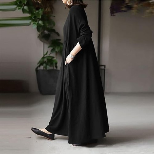 Women Casual Loose Side Pocket Maxi es Long Sleeve Cotton Linen Shirt - Picture 11 of 13