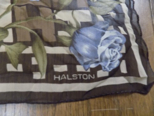 Vtg Halston Lifestyle 100% Silk FLORAL Rose Logo H Brown Gray blue Square Scarf - Picture 7 of 10
