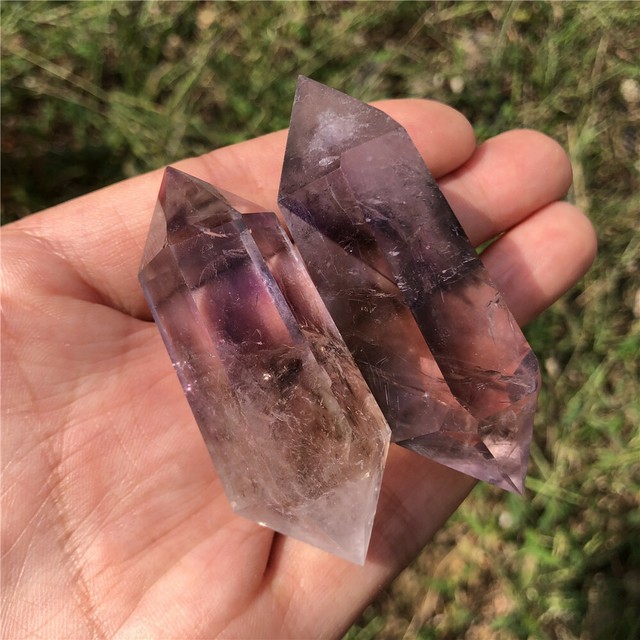 2pcs Natural smokey amethyst obelisk quartz crystal wand double point healing NE10579 2pcs Natural smokey amethyst obelisk quartz crystal wand double point healing NE10579
