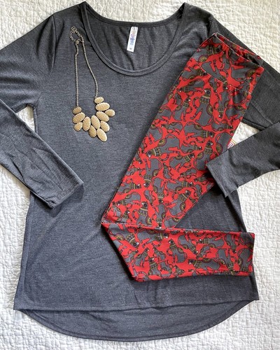 Lularoe Outfit Lynnae Medium anthrazit grau OS Leggings ägyptische Katzen - Bild 1 von 4