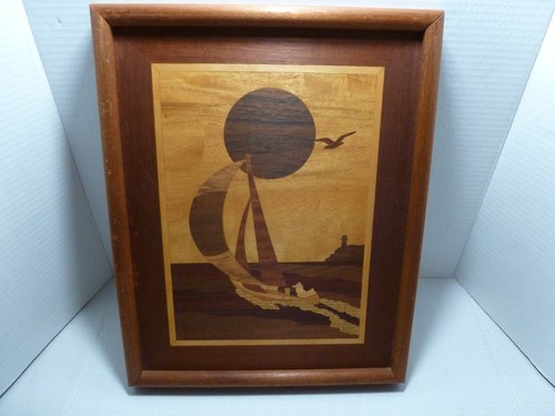 2 barche a vela vintage intarsiate legno arte sole oceano da collezione fatte a mano USA - Foto 2 di 14