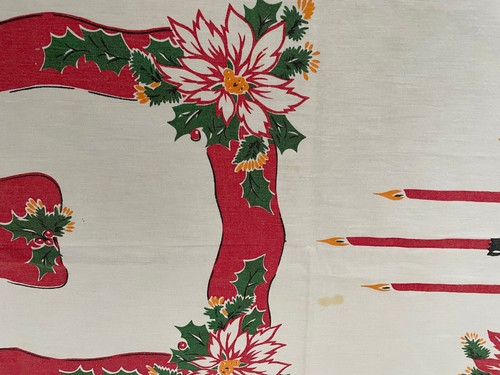 VTG Tablecloth 1960s Christmas Poinsettia Candelabra Holly Red Ribbon 52x60" - Picture 14 of 15