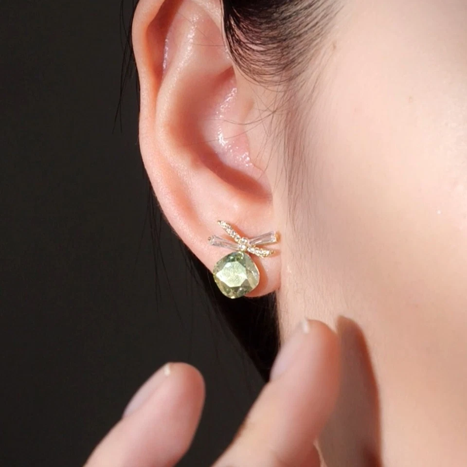 Yellow gold made with SWAROVSKI crystal chrysolite dragonfly stud s925  earrings - image 3 of 4