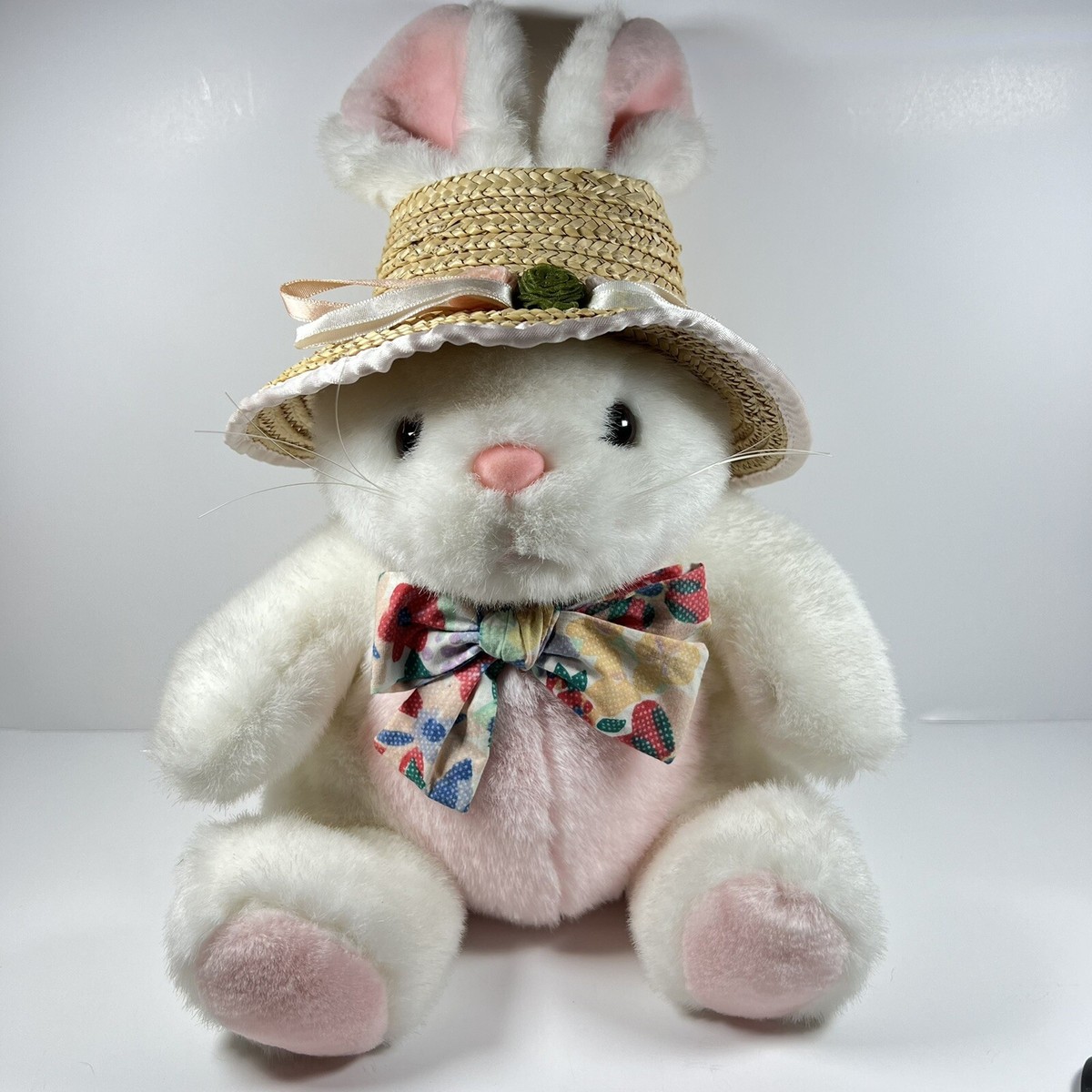 Easter Bunny Rabbit Stuffed Animal Toy White 9” Plush Straw Hat Bow Walmart  EUC