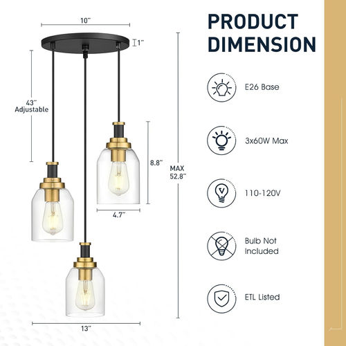 3-Light Pendant Light Fixture, Modern Cluster Pendant Lighting, Hanging Light Fi - Picture 6 of 8