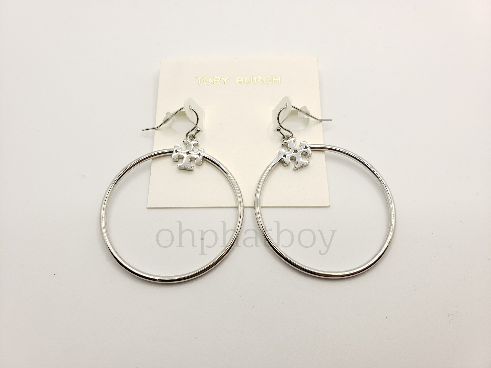 Tory Burch Womens Silver Plated Stacked T-Logo Circle Hoop Earrings Hook  Back | eBay