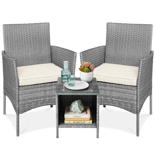 3-Piece Outdoor Wicker Conversation Patio Bistro Set, w/ 2-Chairs, Table, Cushio