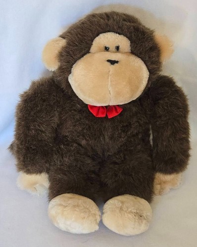 1985 MATTEL EMOTIONS 13" Plush MONKEY Ape Brown Red Bow Tie  Vtg Stuffed Toy - Picture 1 of 5