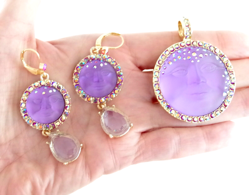 SIGNED KIRKS FOLLY MAGNETIC AB CRYSTAL/ PURPLE MOON FACE EARRINGS & NECKLACE SET - Picture 11 of 24