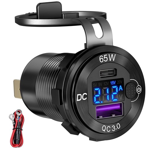 Aluminum 12V 24V USB Outlet 65W USB C Laptop Car Charger QC3.0 USB Voltmeter - Picture 1 of 8