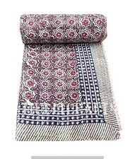 Indian Hand Block Print Single Size Cotton Kantha Quilt Throw Blanket Bedspread