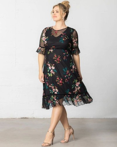 Kiyonna Dress Wildflower Style 3X Embroidered Flowers Velvet Trim Black Feminine - Picture 9 of 11