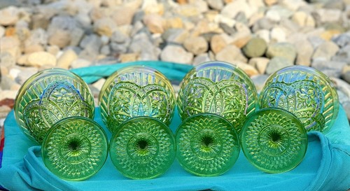 Vintage Indiana Flower Lime Green Carnival Glass Pitcher With 4 Matching Goblets - Picture 21 of 24