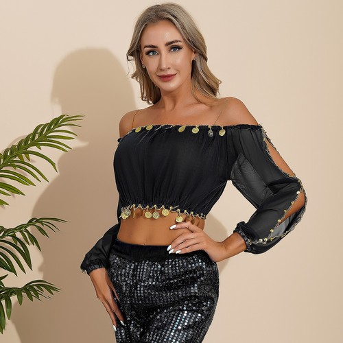 UK Women Belly Dance Costume Crop Top Off Shoulder Chiffon Long Sleeve Tops - Picture 10 of 49