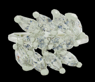 LAB WHITE SAPPHIRE RING,MARQUISE, THREE ROW, 14K