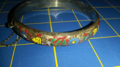 925 Sterling Silver Vintage Enamel Floral & Heart Pattern Bangle Bracelet - Picture 5 of 7