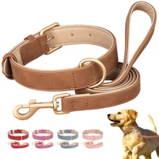 Leather Dog Collar and Leash Set Soft Padded Neck Strap for Small to Large Dogs