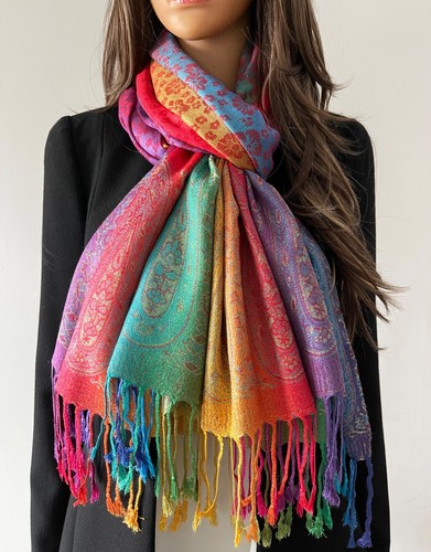 Large Multi Colour Leaf Paisley Print Pashmina Shawl Scarf Wrap Bright Rainbow - Picture 227 of 1,026