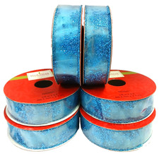 HOLIDAY 7/8 IN X 9 FT AQUA BLUE  SILVER GLITTER SNOWFLAKE WIRED RIBBON