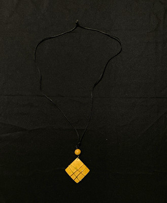 Black Cord Necklace with wood Tone Square Charm Pendant, No Stone