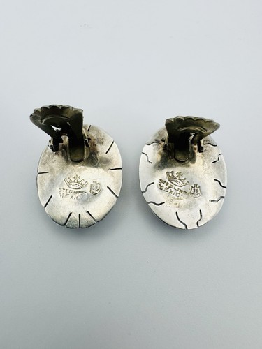 Mexican Turquoise Sterling Silver Clip On Earrings-Crown Marked 925 Signed - Picture 7 of 12
