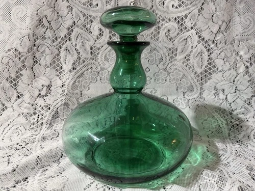 Vintage Unmarked Green Glass Round Decanter Bottle
