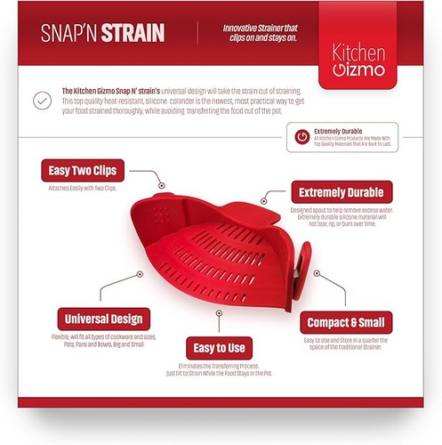 KITCHEN GIZMO SNAP N STRAIN STRAINER CLIP ON SILICONE COLANDER - RED - Picture 2 of 4