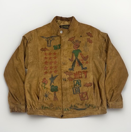 Vintage 60er Lederjacke Wildleder Reißverschluss Western Handarbeit Kunst Zeichnung Italy Gr. S