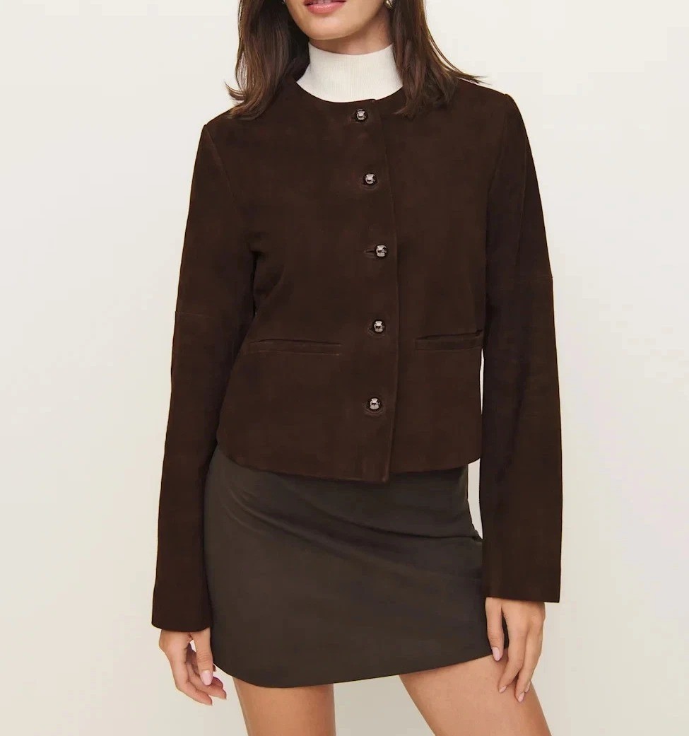 Brown Café Racer Motorcycle Biker Real Suede Leather Collarless Jacket for Women