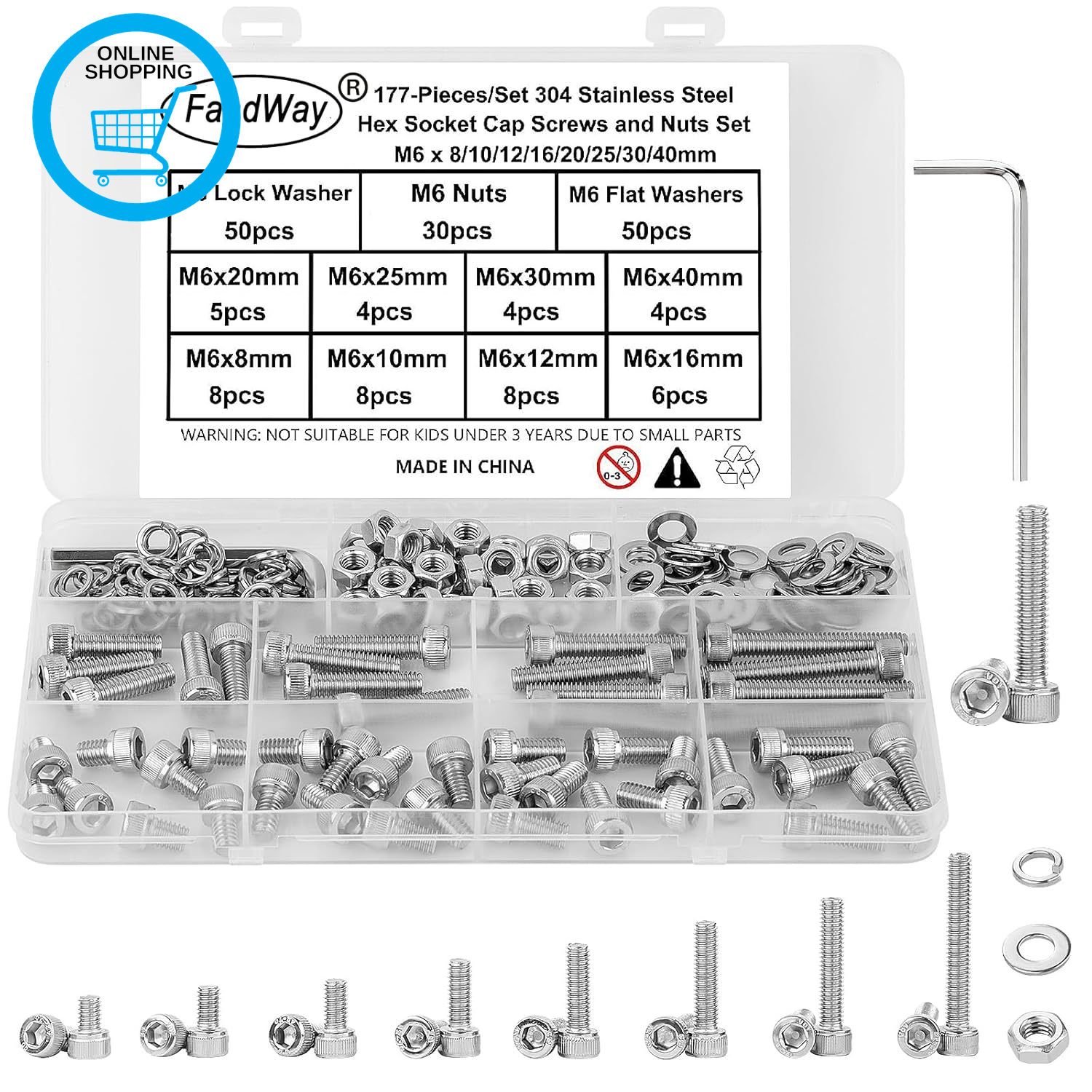 177Pcs M6 Bolts and Nuts Set,Hex Socket Cap Machine Screws, Allen Screws 304 Sta