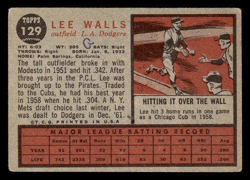 1962 Topps Lee Walls #129 GD Los Angeles Dodgers - Picture 2 of 2