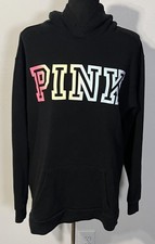 PINK Victoria's Secret Hoodie Womens Medium Black Pullover Rainbow Logo Fleece