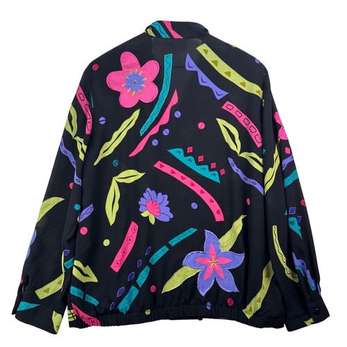 ALFRED DUNNER Vintage 90s Retro Black Neon Floral Sheer Zip Women’s Blouse sz 14 - Picture 12 of 14