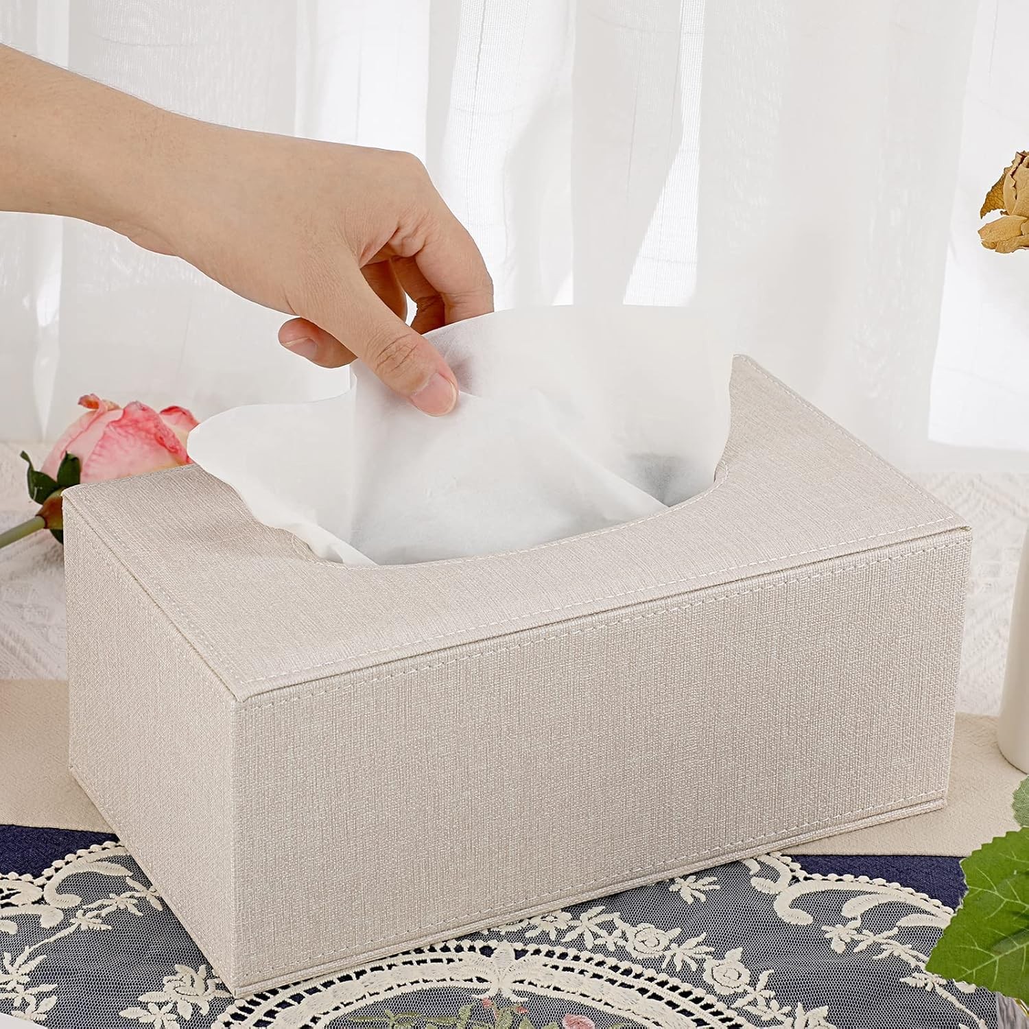 Sumnacon Tissue Box Cover Rectangle Linen Box,Stylish Medium, Beige 