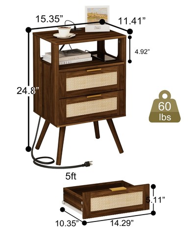 Rattan Nightstand with Charging Station,Modern Bedside Table with 2 Storage D... - Picture 3 of 7