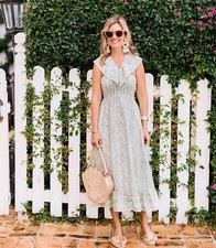 Sail to Sable x Palm Beach Lately Pistachio Leaf Midi Dress Smocked Bodice Sz M