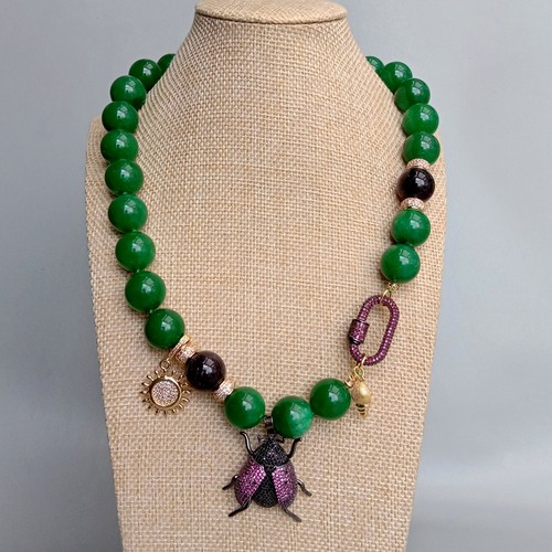 16mm Green Jade Cz Beetle Charm  Necklace Beaded Simple Pendant Necklaces - Picture 1 of 5