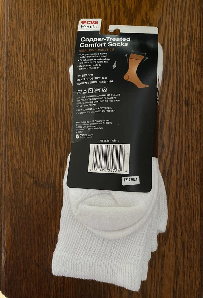 Paquete de 3 calcetines blancos CVS tratados con cobre cómodos unisex nuevos con etiquetas talla S/M Foto 4 de 4