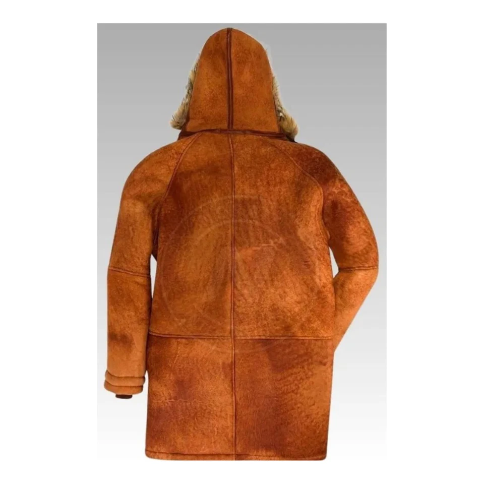 Abrigo largo de gamuza genuina de piel de oveja para hombre Chaqueta con capucha de invierno con forro de lana Foto 3 de 4