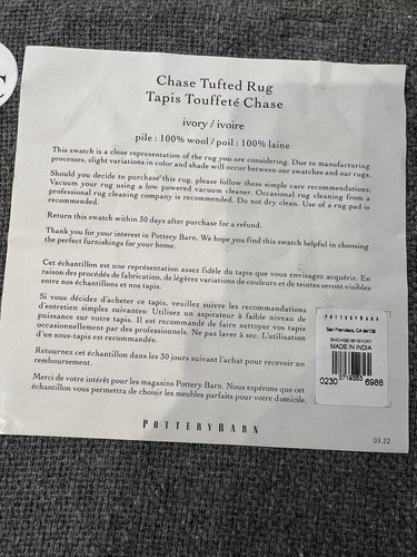 Pottery Barn Handtufted 100% Wool Square 18”x18” Capitola Rug Sample cream - Picture 5 of 8