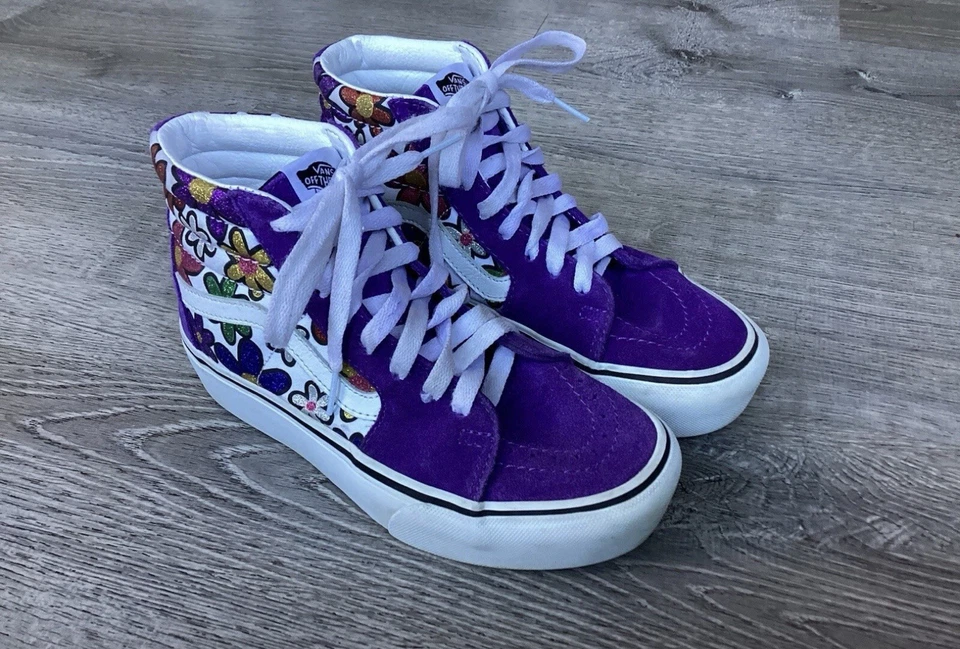Vans Sk8-Hi Platform 2 Glitter Daisies Womens Size 5.5 Purple White Skate Shoes - Image 2 of 4