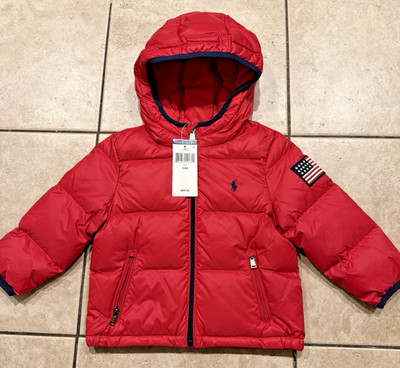 Polo Ralph Lauren Jacket Baby 24M Red Puffer Full Zip USA Polo spell out Hooded